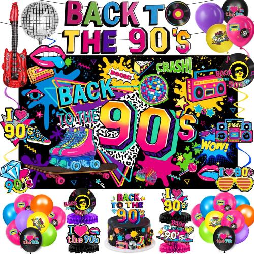 90s Party Decorations Includes 90's Backdrop, Foil & Latex Balloons, Cake & Cupcake Toppers, Honeycomb Centerpieces Banner, Hanging Swirls for 80s 90s Party Decorations