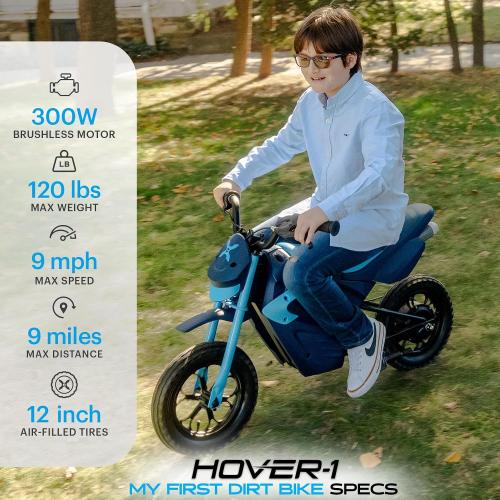 Hover-1 My First Dirt Bike for Kids - 300W Motor, 9MPH Max Speed, 9 Mile Range, 12” Off-Road Tires, 120LB Max Weight, Twist Grip Throttle & Rear Disc Brake Electric Dirt Bike for Kids Ages 5  Years