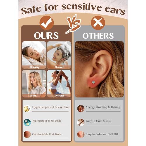 THUNARAZ 10Pairs Hypoallergenic Flat Back Earrings for Women, 14K Gold Plated Hoop Stud Earrings Set for Sensitive Ears Helix Tragus Cartilage Conch Earring for Multiple Piercings with Pendant