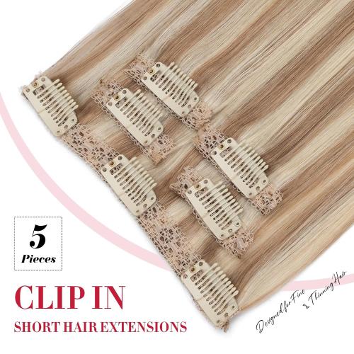 Short Clip in Hair Extensions Real Remy Human Hair,S-noilite Short Hair Extensions Clip ins,Mini Clip in Extensions for Add Volume and Highlights,5 Pieces 36g 10 inch Golden Brown Mixed Bleach Blonde