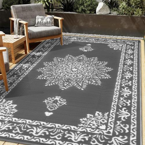 Yamaziot Outdoor Rug 5x8 Ft, Waterproof Plastic Straw Patio Rug, Reversible Backyard Carpet UV Resistant Portable RV Mat Clearance, Large Indoor Outdoor Rug for Patio, Porch, Deck, Balcony, Dark Gray