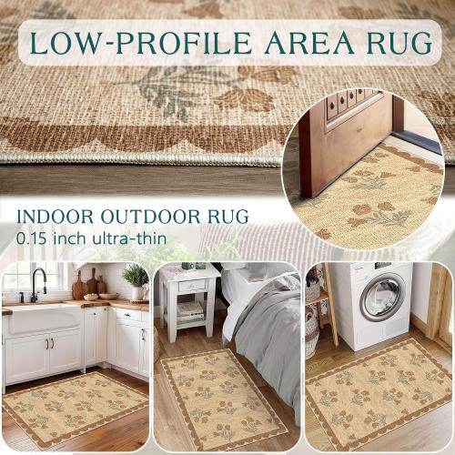 Front Door Mat Indoor Outside Entrance 2x3 Tan Floral Scalloped Rug