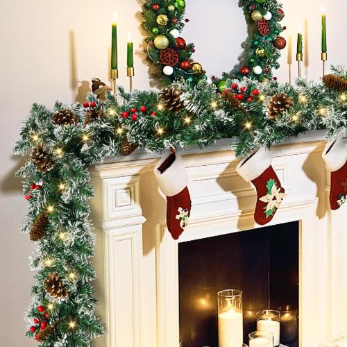 9 FT Christmas Garland with Lights,Battery Operated Lighted Garland with Pine Cones Red Berries Lush Branches,50 LED Lights 8 Modes,Christmas Decor Mantle Fireplace Indoor Outdoor Home
