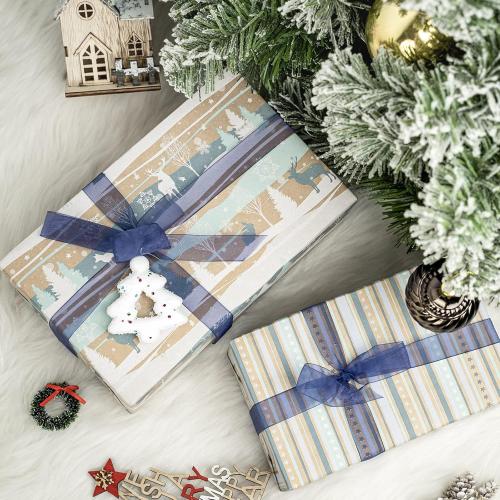 RUSPEPA Christmas Wrapping Paper, Kraft Paper - Reindeer, Stripe and Snowflakes in Blue Design - 4 Rolls - 30 inches x 10 feet per Roll