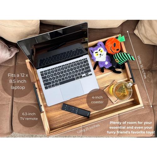 Acacia Wooden Ottoman Tray for Living Room & 6 Coasters Set – 21 Large Coffee Table Serving Tray with Handles, Perfect for Food, Drinks, Kitchen, and Home Decor