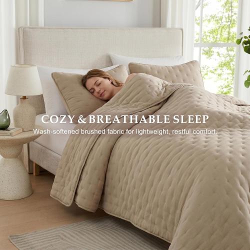 WDCOZY Beige Cloud King Size Quilt Set, Tan Lightweight Farmhouse Bedspread, Rustic Country Coverlet, Taupe Camel Soft Bedding, Thin Comforter for All Season - 3 Pieces, 104x90 inches‼️good condition and May Vary‼️