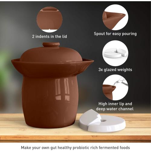 Fermentation Crock Jar Fermenting Crock with Glazed Weights- Onggi Kimchi Pot for Fermenting Delicious Kimchi, Kombucha & Pickles - Stoneware Sauerkraut Crock Pickling Fermenter (4L BROWN)