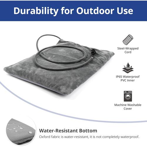 Outdoor Heated Dog Bed, Soft Pet Heating Pad with Steel-Wrapped Cord, Outside Pet Warmer for Feral Cats and Dogs, 35.4 x 23.6, 80 Watts