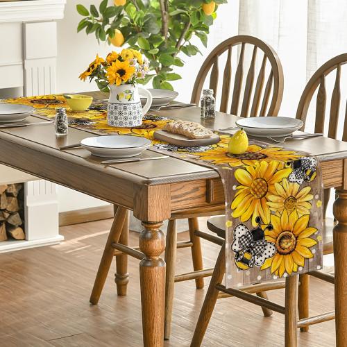 Artoid Mode Wood Sunflower Bee Flower Polka Dot Summer Table Runner, Seasonal Kitchen Dining Table Decoration for Indoor Party Home 13x72 Inch