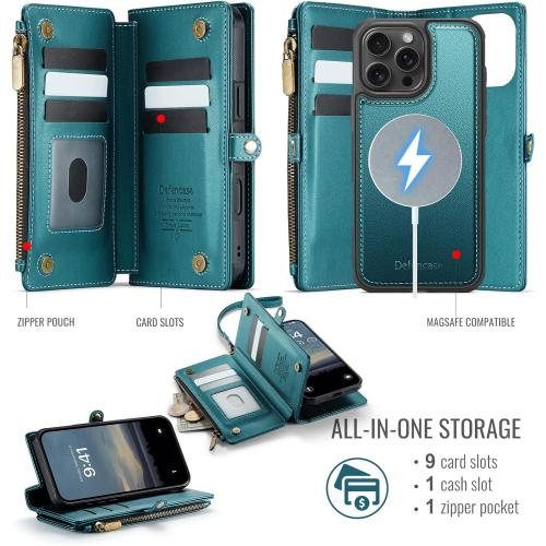 Defencase for iPhone 16 Pro Max Magnetic Wallet Case Compatible with Magsafe with RFID Blocking Zipper Strap Card Holder for Women PU Leather Detachable Case for iPhone 16 Pro Max (6.9), Blue Green