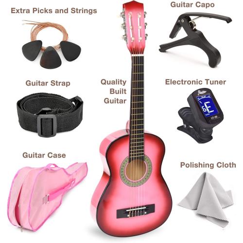 30 Wood Guitar with Case and Accessories for Kids/Girls/Boys/Beginners (Pink Gradient)