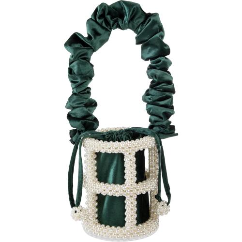 YUSHINY Women Faux Pearl Beaded Evening Pleuche Handle Bucket Hollow-Block Bags with Velvet Lining for Wedding Party