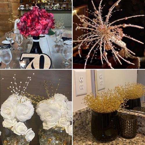 60 Pieces Pearl Stick Stems Bouquets, 4mm Bead String Garland Beaded Spray Filler Floral Arrangements Tree Picks Wedding Party Decoration, Christmas Tree Picks (Gold)