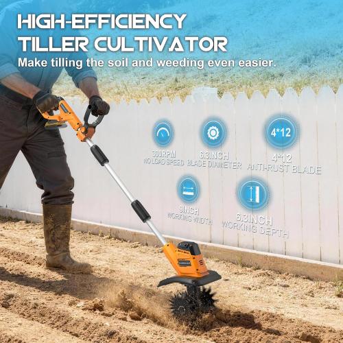 Cordless Tiller Cultivator (No Battery) Compatible with Dewalt 20V Max Battery, 9In Tilling Width & 6.3In Depth Tiller for Gardening, Loose Soil, Weeding, Trenchig