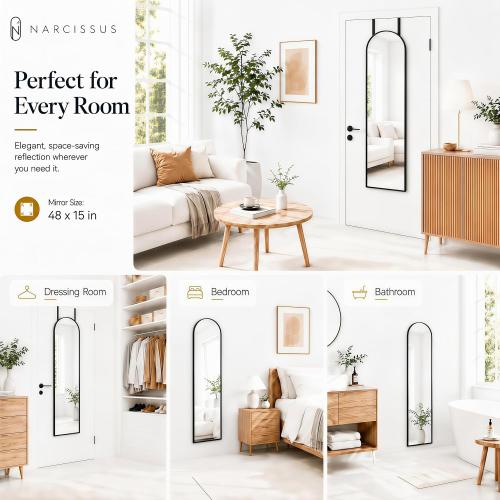 NARCISSUS Over the Door Full Length Mirror 47x14 Inch, Wall Mounted Dressing Mirror, Door Hanging Full Body Mirror HD Reflection Glass for Bedroom, Aluminum Alloy Frame Black