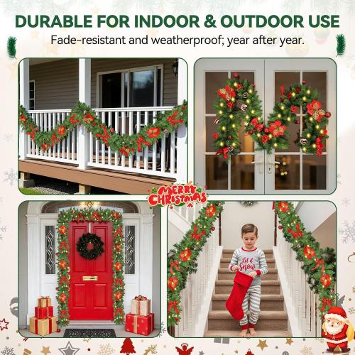 Christmas Garland with Lights, 9FT 30 LED Prelit Christmas Garland with Pinecones, Flowers, Bows, Outdoor Indoor Christmas Decorations Garland Battery Operated with Timer for Stairs,Mantel,Door,Window