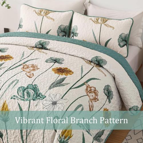 WONGS BEDDING Floral Quilt Set King,Green Yellow Printed Botanical Bedspread Bedding Set with 2 Pillowcase,Spring Summer Lightweight Farmhouse Coverlet Set for All Season (104x90)