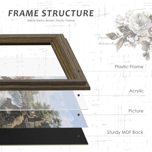 Picrit 24x36 Poster Frame, Vintage 24 x 36 Picture Frame, Retro Home Decor Wall Hanging Gallery Frames, Photo Frame for Horizontal or Vertical Wall Mounting, Brown and Gold