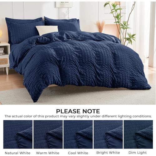HYMOKEGE Navy Blue Queen Comforter Set Seersucker  All Season Luxury Bed in a Bag for Bedroom, Bedding Set with Comforters, Sheets, Pillowcases & Shams