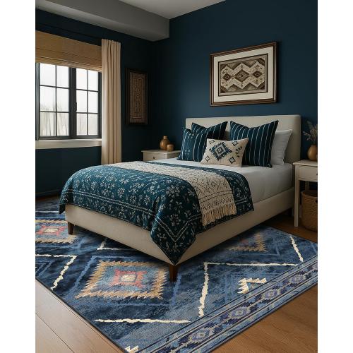 Area Rug 5x7 Rug Machine Washable Non-Slip Low Pile Print Pattern Western Rug for Living Room Bedroom Entryway Tribal Series -Darkblue