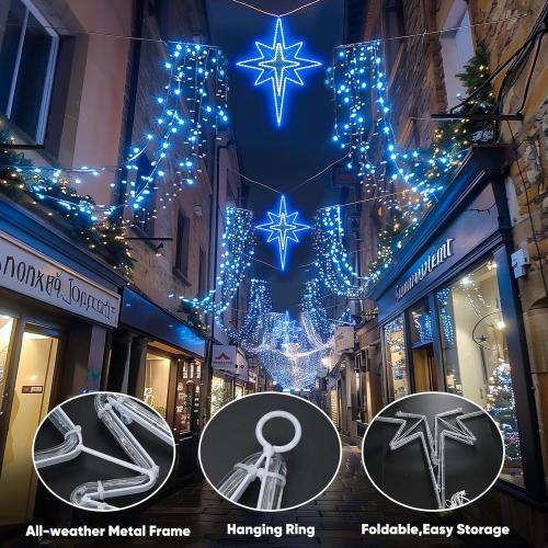 Large Bethlehem Star Motif Light 43-inch, Christmas Outdoor Decoration Waterproof LED Star Sign Super Bright, for Nativity Scenes Window Wall Front Door Roof Home Party, Blue&White