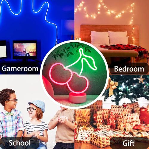 Cherry Neon Sign Lights LED Lamp Cherry Decor Birthday Party Decorations, Green Red Accessories for Women Fruit Gifts, USB/Battery Operated Neon Sign for Table Decor Room Home Girls Bedroom