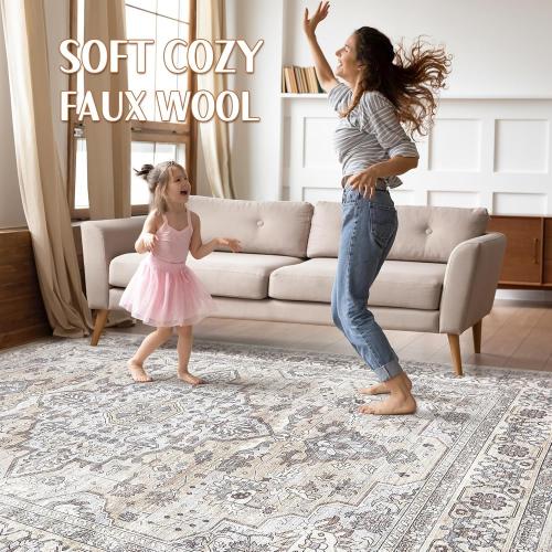 Area Rug Living Room: Washable Boho Large Neutral Vintage Soft Rugs Stain Resistant Farmhouse Non Slip Indoor Floor Carpet for Bedroom Nursery Kids Playroom Office Dining Room Home- Ivory Gray