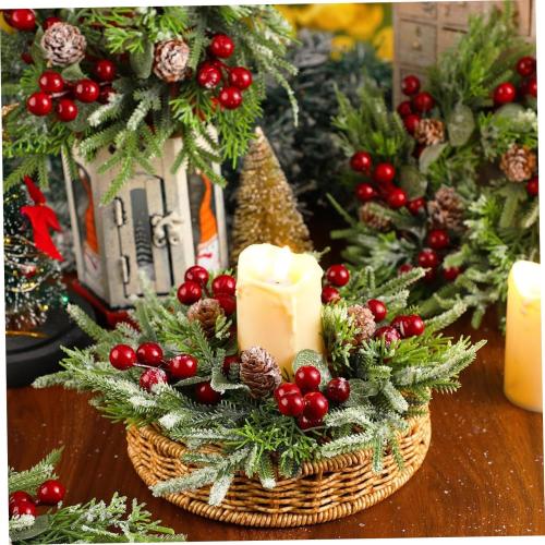 Candle Rings with Red Berries and Pinecones 2Pcs Christmas Candle Wreaths Artificial Centerpiece for Pillars Winter Wedding Holiday Table Decor