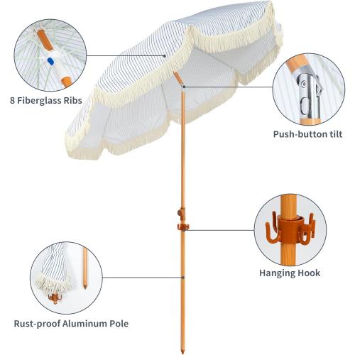 7.5ft Patio Umbrella with Fringe, Beach Umbrella, Fringe Umbrella Outdoor Patio with Hanging Hook, Tilting Aluminum Pole, UV 50 , Fiberglass Ribs, Blue White Stripe