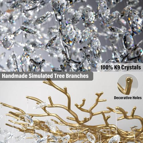 YUYI 23.6 Modern Gold Tree Branch Crystal Chandelier, 8-Light Round Raindrop Pendant Lighting for Dining Room Living Room Bedroom Kitchen Foyer Entryway, Luxury K9 Crystal Statement Light Fixture