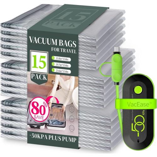 Vacuum Bags for Travel with USB Electric Pump, 15 Pack Carry-on Size Compression Packing for Luggage and Suitcase, Space Saver Bags for Clothes and Clothing Travel