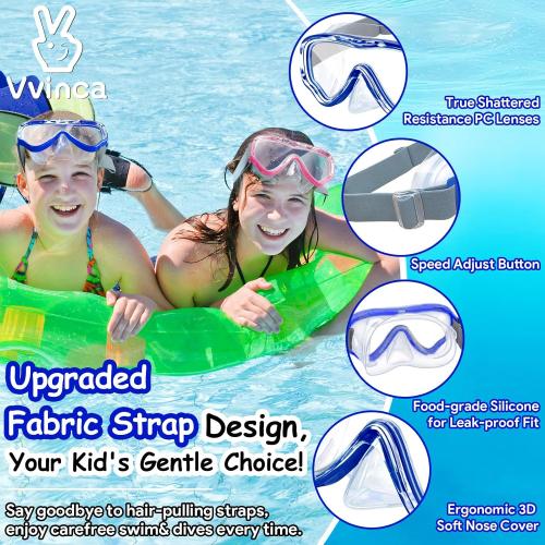Vvinca Kids-Goggles with Nose Cover, Diving Mask Elastic Fabric Strap Anti Fog Anti Shattered Lens for Kids Swim Goggles 3-14