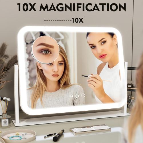 ROLOVE Lighted Makeup Mirror, 17x13 Vanity Mirror with Lights, 10X Magnification, Gifts for Women, 3 Color Lighting Modes, Smart Touch Control, 360° Rotation for Bedroom or Tabletop (White)