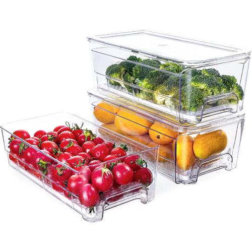Imncya Pull-Out Fridge Organizer, Stackable Refrigerator Drawer Organizer Bins, Fridge Drawers Food Storage Containers for Fruits, Vegetables, Drinks, Snack (3 Pack Clear)
