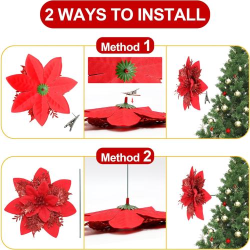 36 Pcs Poinsettia Flowers Artificial with Clips and Berry Stems Christmas Flowers Glitter Ornaments for Christmas Tree Wreath Fireplace Stairs Decorations (Red)