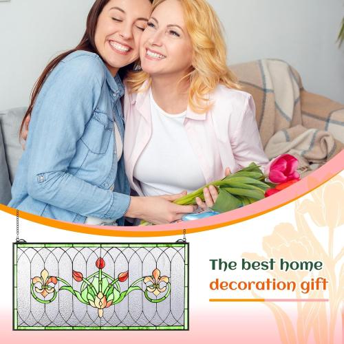 Maxdot 32x16 Stained Glass Transom Window Panel, Large Horizontal Tulips & Irises Handcrafted Hanging Decor with Chain, Vintage Home Decor & Ideal Gift for Art Enthusiasts