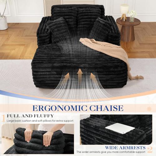 Oversized Chaise Lounge Indoor, Modern Plush Corduroy Fabric Deep Seat Boneless Memory Foam Sleeper Chaise Lounge Sofa Chair with Pillows for Living Room Bedroom Studio, No Assembly Couch, Black