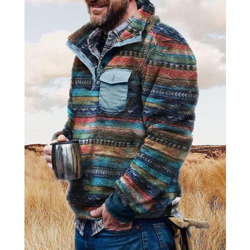 Mens XL Aztec Fleece Pullover Western Sweatshirt with Chest Pocket Button Collar Vintage Sweater Fuzzy Sherpa Aztec Jackets Tops