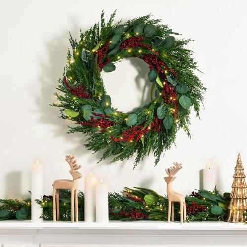 LampLust Winter Wreaths for Front Door Outside, 24 Inch Cypress & Eucalyptus Wreath with Red Berries 100 LED Lights, Timer, Battery Powered, Farmhouse Wreath Year Round, Winter Wreaths for Indoors