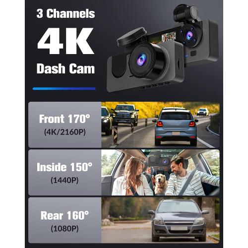 Dash Camera for Cars,4K Full UHD Car Camera Front Rear with 32GB Card,Built-in Super Night Vision,2.0'' IPS Screen,170°Wide Angle,WDR, 24H Parking Mode, Loop Recording.