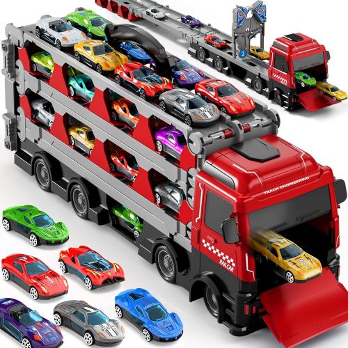 78-Inch Cars Trucks Toys for Toddler 1-3 2-4 3-5 4-7 Years Old Boys Kids, Transport Truck with 24Pcs Die-Cast Cars, Gifts for 3 4 5 6 Year Old Boys, Toddler Boy Toys Ages 3-5 4-7