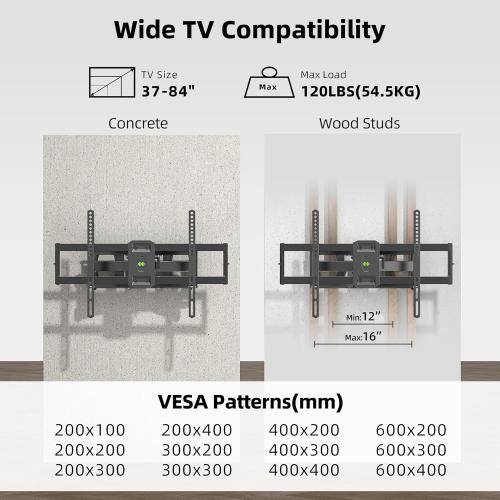 Full Motion TV Wall Mount for Most 37-84 Flat Screen TV, Swivel or Tilt TV Wall Bracket with Dual Articulating Arms, for 12-16 Wood Studs, Max VESA 600x400mm, Load 120 lbs by USX MOUNT