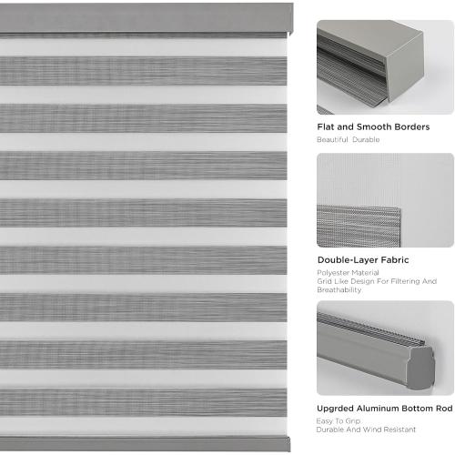 Joydeco Cordless Zebra Blinds (Pro), Dual Layer Light Control Zebra Blinds for Windows, Light-Proof Aluminum Cover, Free-Stop Roller Shades for Home & Office (Gray, 37 W x 75 H)