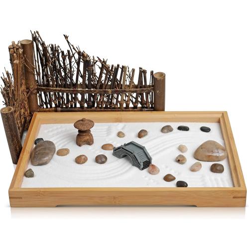 ENSO - Japanese Zen Garden Kit for Desk - 11x7.5 Inches Large - Bamboo Tray, White Sand, River Rocks, Pebbles, Rake Tools Set - Office Table Accessories, Mini Zen Sand Garden Kit - Meditation Gifts