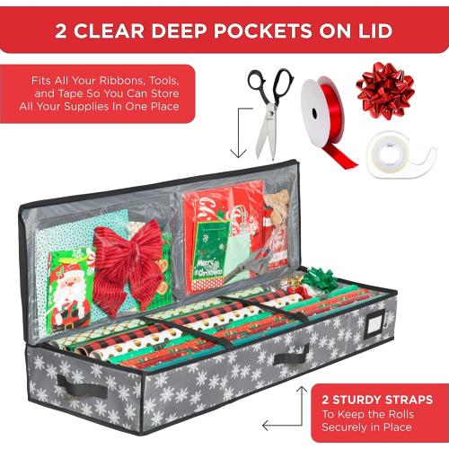 HOLDN’ STORAGE Premium Wrapping Paper Storage Container - Durable 600D Tear-Proof, Fits 27 Rolls Gift Wrap, Extra Pockets for Ribbons & Bows, Underbed Storage - Ideal for Holiday Christmas, Grey/White Snowflakes