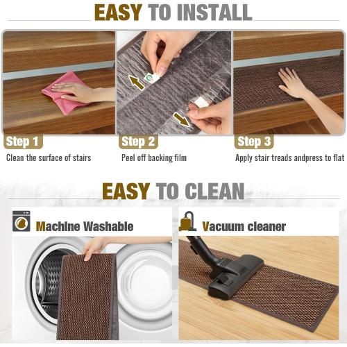 Stair Treads Non Slip for Wooden Steps Indoor 9 x 36 15 Pack Extra Wide Stairs Tread Carpet Runner, Step Pads with Reusable Adhesive for Dogs Kids Elders, Machine Washable, Brown