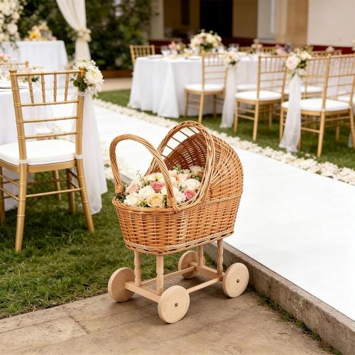 Wicker Flower Girl Basket with Handle, Vintage Rattan Baby Stroller Basket for Wedding Ceremony, Woven Baby Shower Decoration Basket for Church Parties