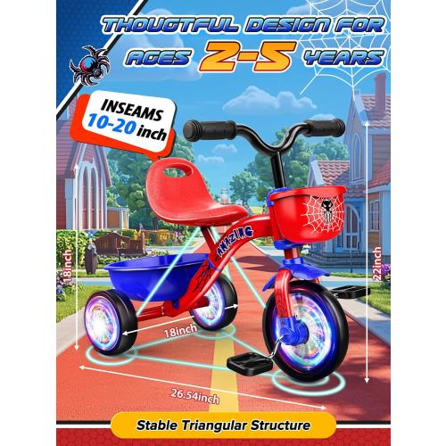 Tricycle for Toddlers 1-3 3-5 Year Olds, Spider Toddler Bike Baby Balance Bike with Colorful Lighting Wheels & Large Basket, Birthday Gift and Toy for 1 2 3 4 5 Year Olds Boys and Girls
