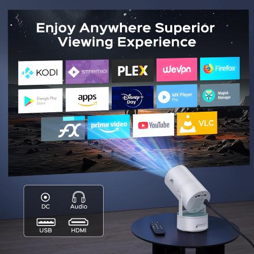 Color White [Built-in Battery] Mini Projector with Wifi and Bluetooth, Rechargeable Portable Outdoor Smart Projector with Support 4K Decoding, Electric Focus Home Theater for Phone, White