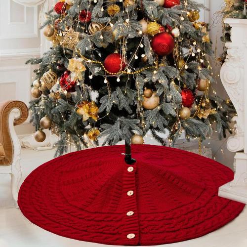 Red Christmas Tree Skirt 24 Inch, Knitted Tree Skirt for 4Ft Pencil Tree, Vintage Thick Small Tree Skirt for Christmas Trees Decoration, Xmas Home Indoor Farmhouse Decorations